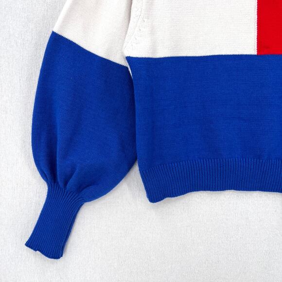 FARM RIO Floral Knit Sweater Women Medium Red White Blue Crew Balloon Colorblock - Picture 9 of 16